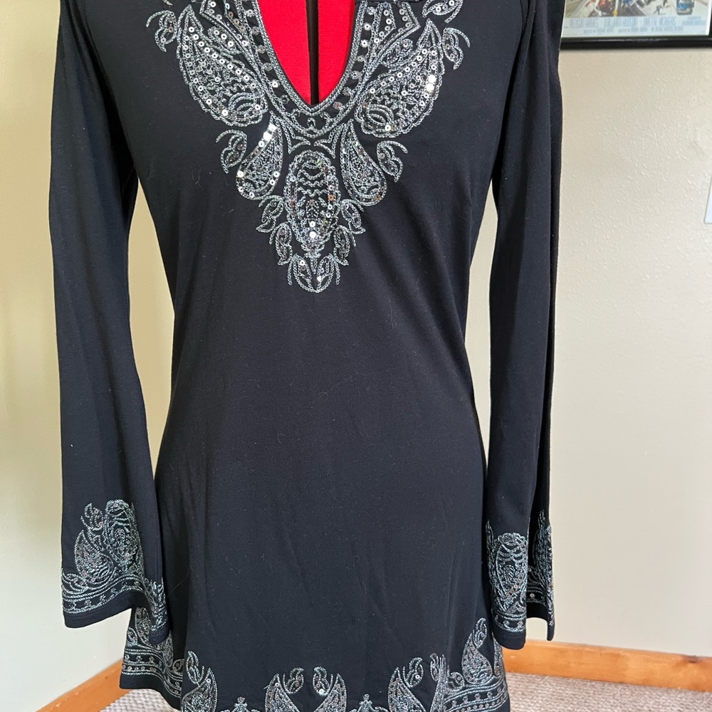 Black long top with Silver Embroidery